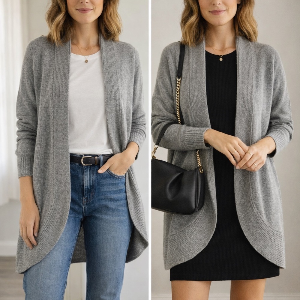 Pique Gray Open-Front Cardigan Sweater with Draped Silhouette